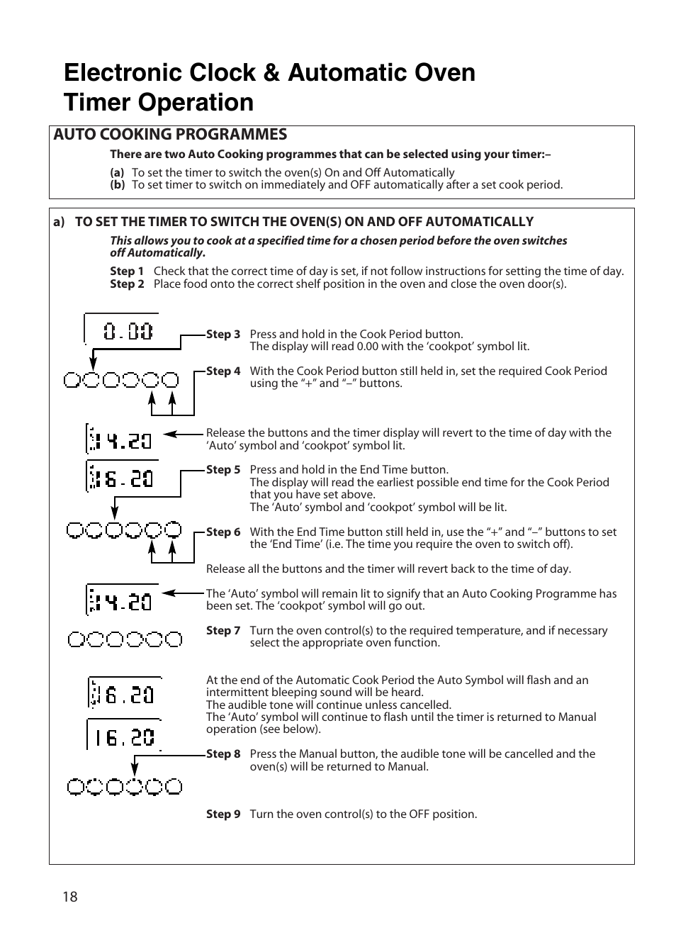 Electronic clock & automatic oven timer operation, Auto cooking programmes | Hotpoint BD52 BD62 User Manual | Page 18 / 48