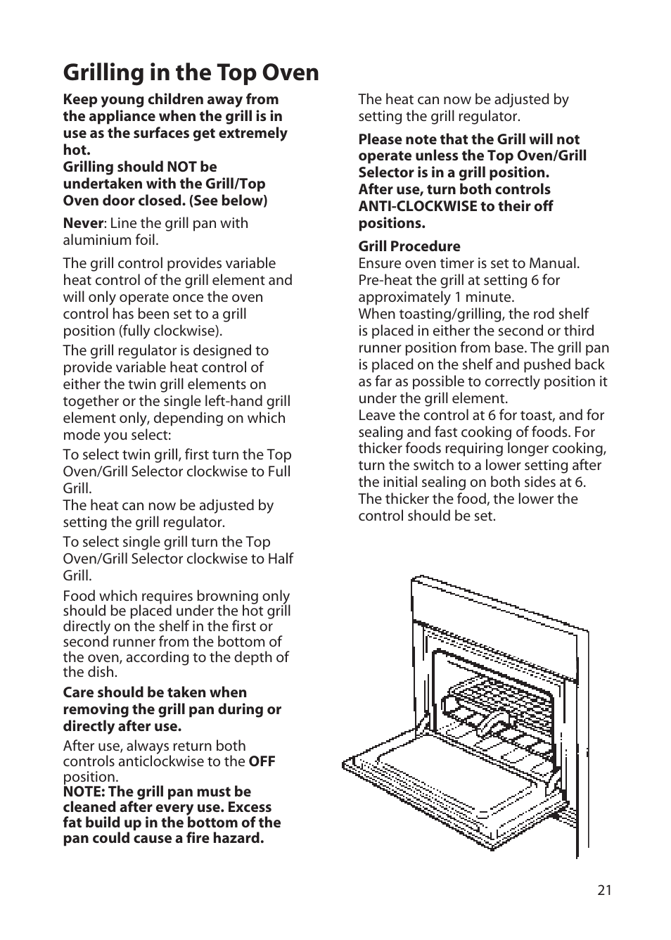 Grilling in the top oven | Hotpoint BD52 BD62 User Manual | Page 21 / 48