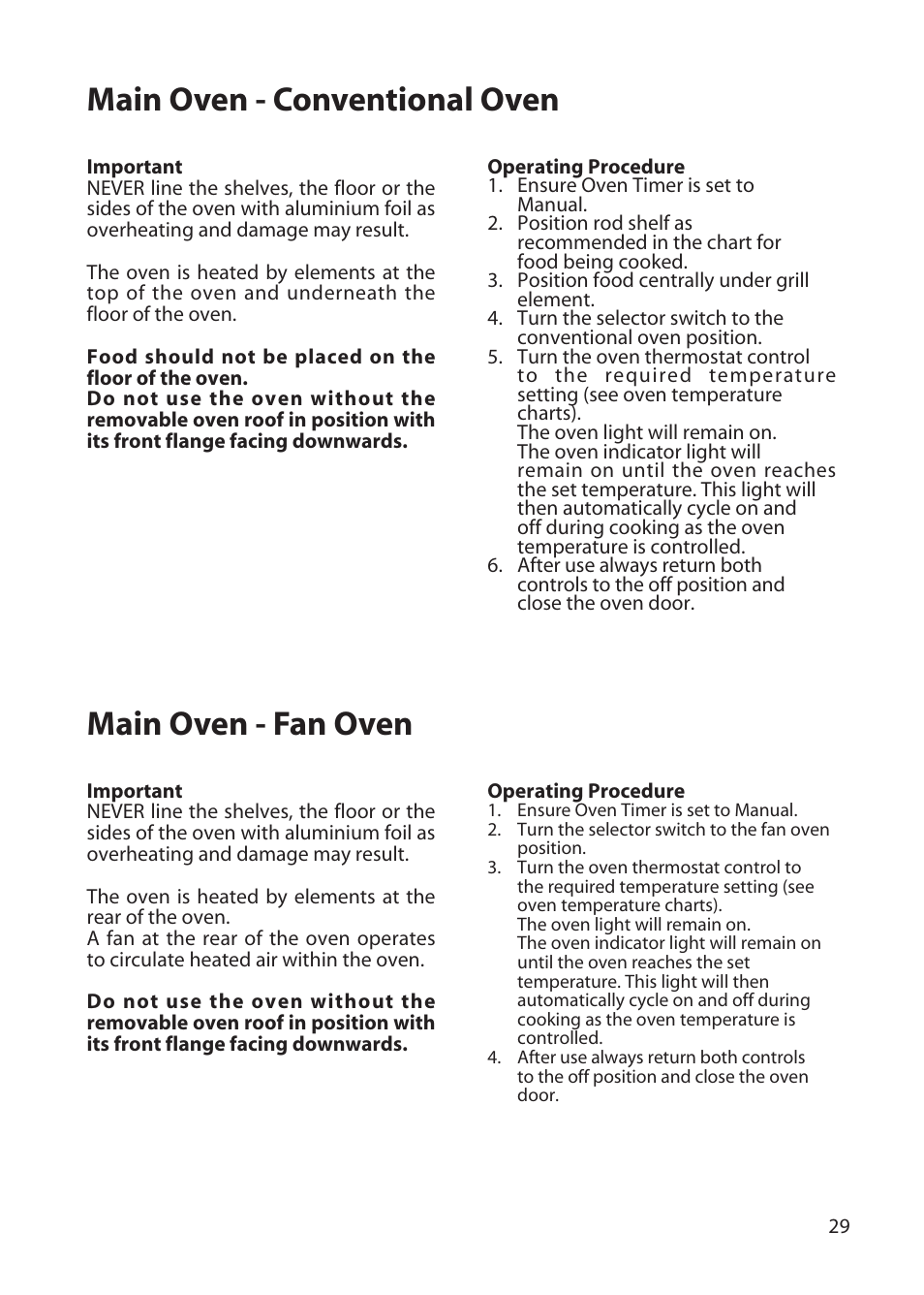 Main oven - conventional oven, Main oven - fan oven | Hotpoint BD52 BD62 User Manual | Page 29 / 48