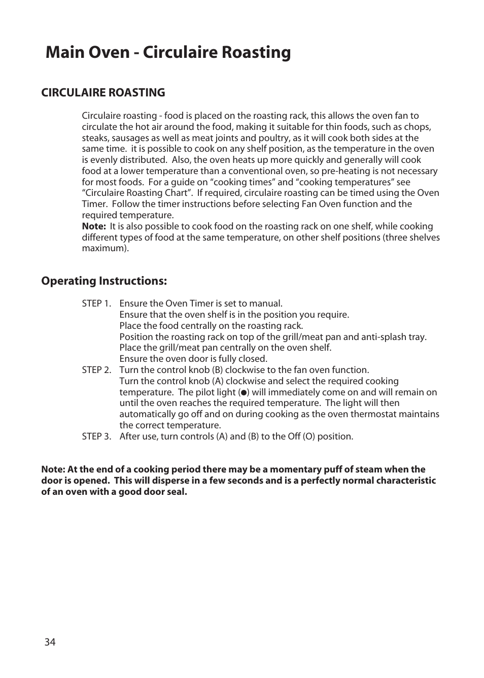 Main oven - circulaire roasting | Hotpoint BD52 BD62 User Manual | Page 34 / 48