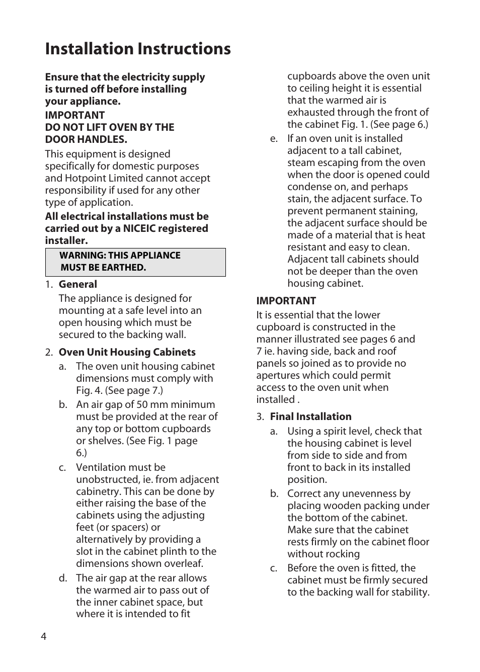 Installation instructions | Hotpoint BD52 BD62 User Manual | Page 4 / 48