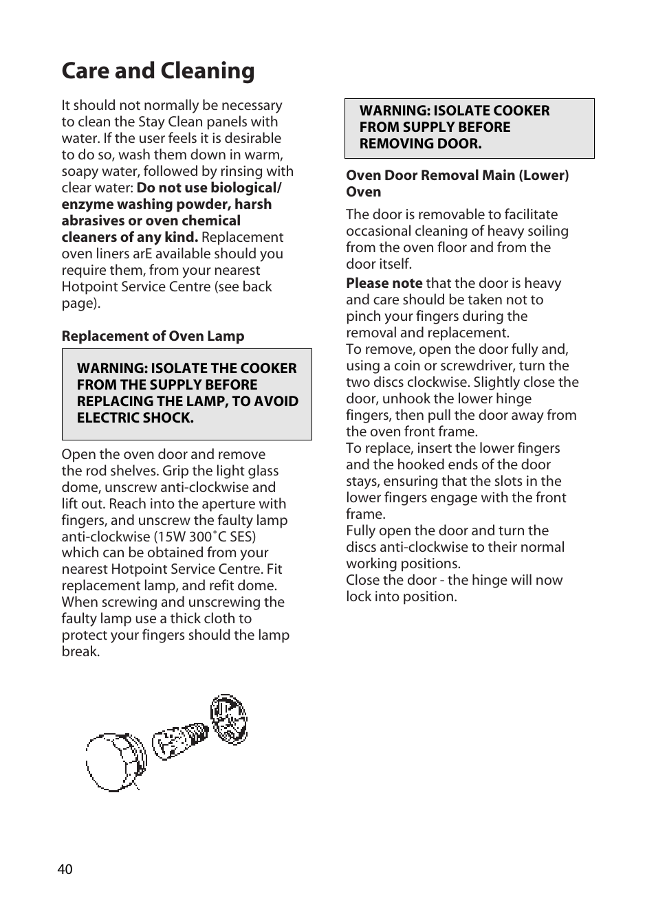 Care and cleaning | Hotpoint BD52 BD62 User Manual | Page 40 / 48