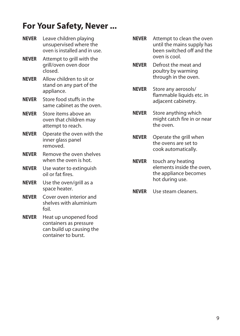 For your safety, never | Hotpoint BD52 BD62 User Manual | Page 9 / 48