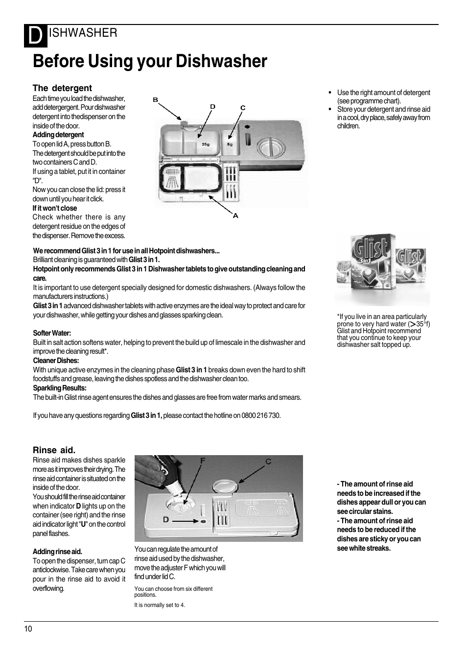 Before using your dishwasher, Ishwasher | Hotpoint DWF70 User Manual | Page 10 / 20