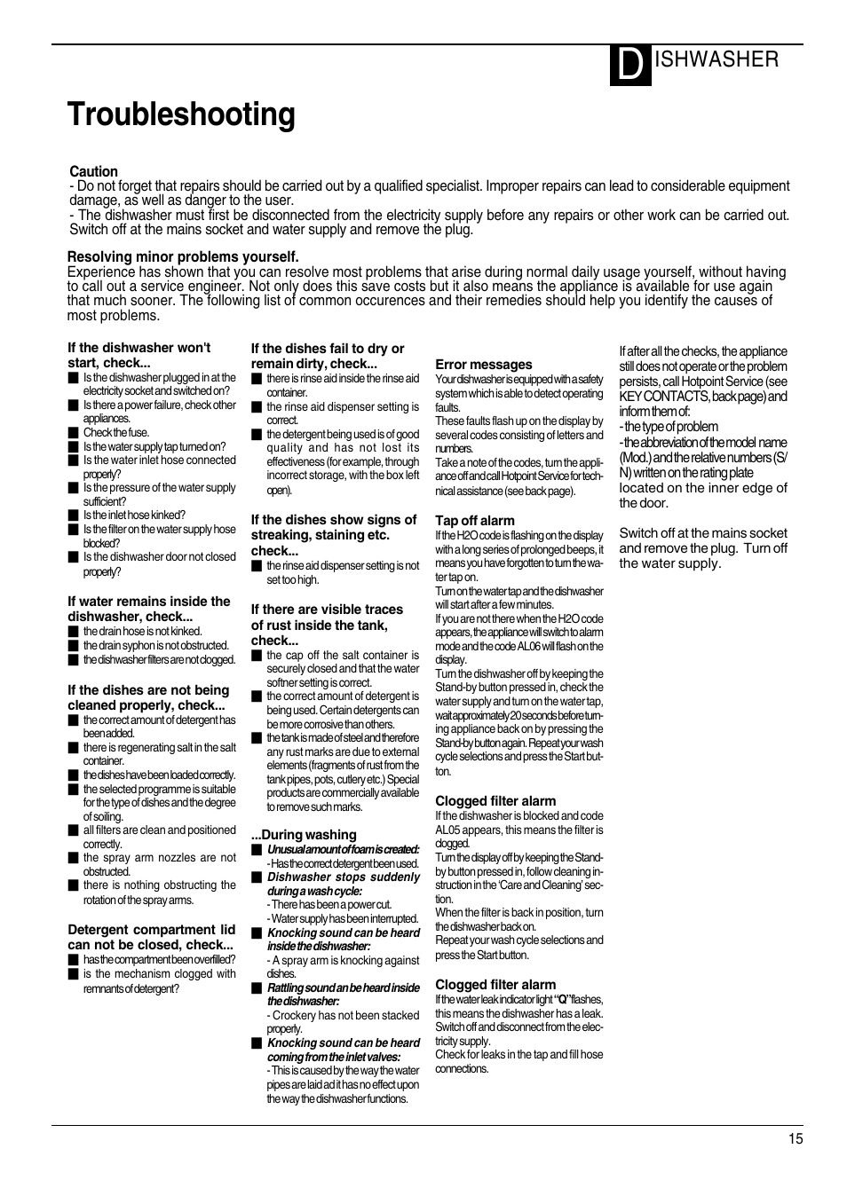 Troubleshooting, Ishwasher | Hotpoint DWF70 User Manual | Page 15 / 20