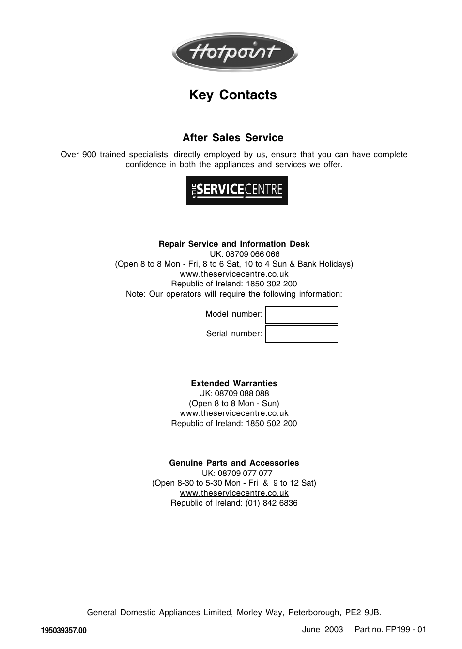 Key contacts | Hotpoint DWF70 User Manual | Page 20 / 20