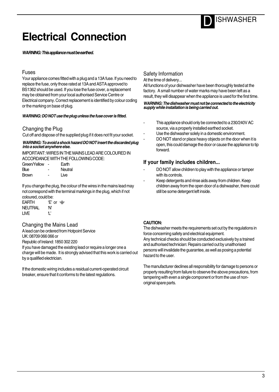 Electrical connection, Ishwasher | Hotpoint DWF70 User Manual | Page 3 / 20