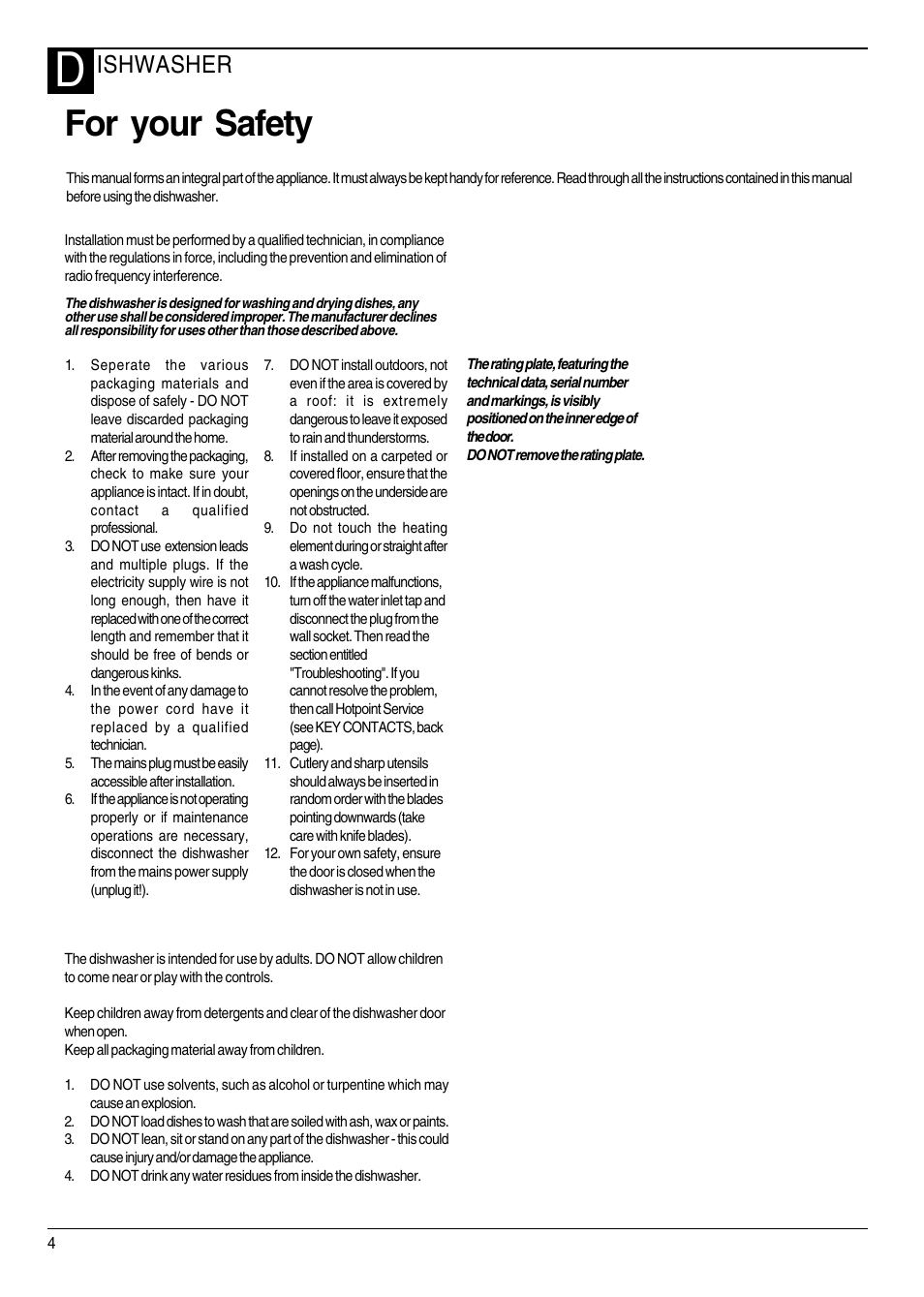 For your safety, Ishwasher | Hotpoint DWF70 User Manual | Page 4 / 20