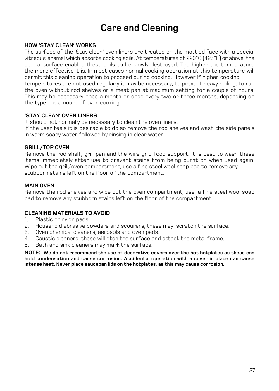 Care and cleaning | Hotpoint H251EWH User Manual | Page 29 / 32