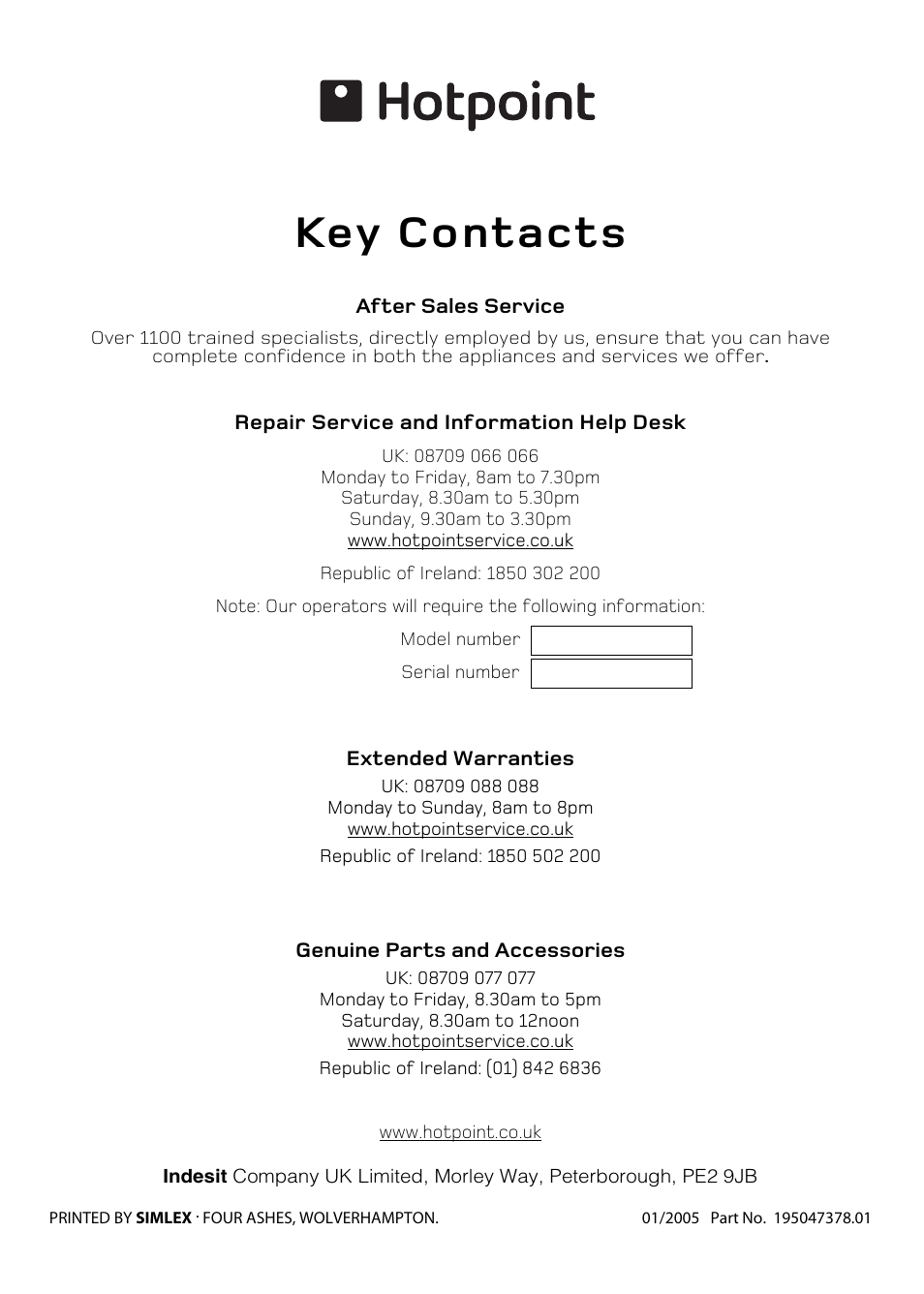 Key contacts | Hotpoint H251EWH User Manual | Page 32 / 32