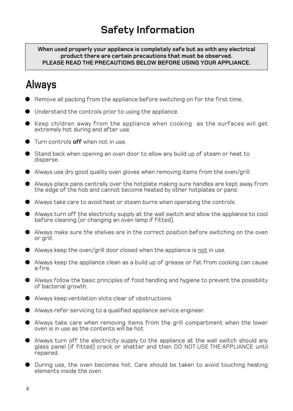 Always, Safety information | Hotpoint H251EWH User Manual | Page 6 / 32