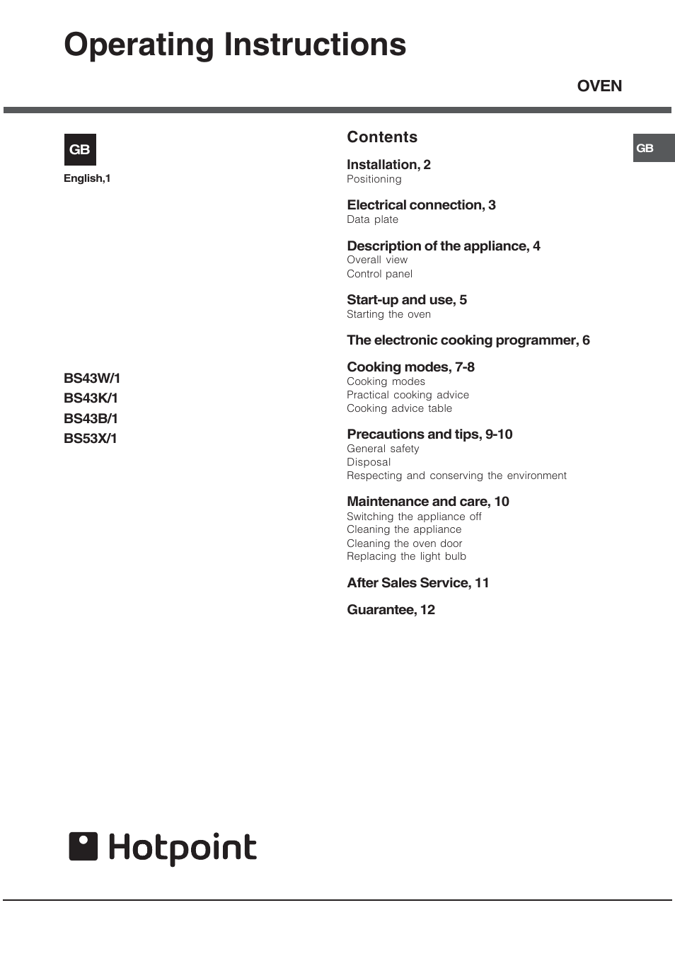 Hotpoint BS53X1 User Manual | 12 pages