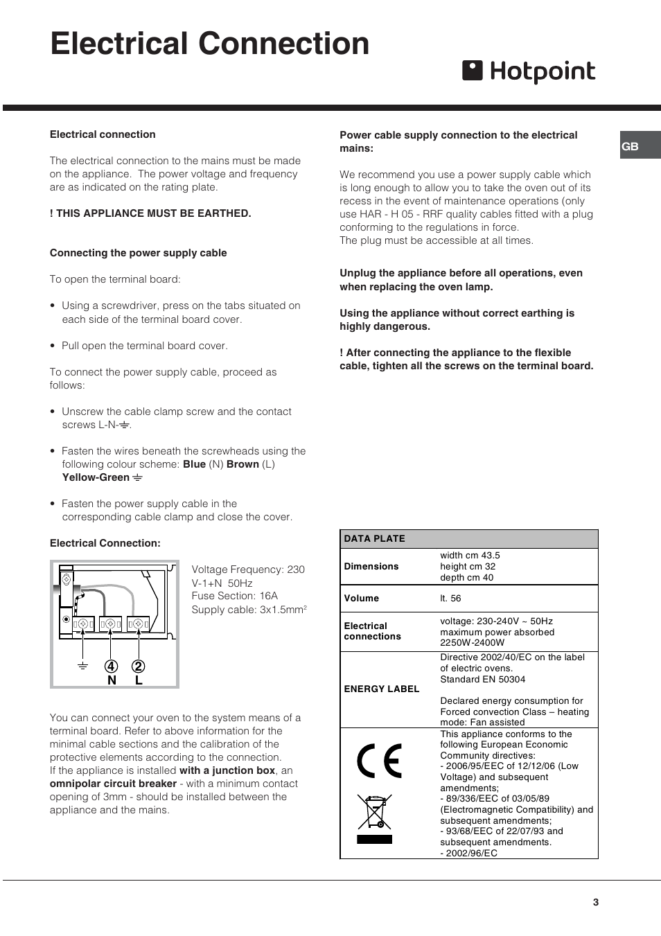 Electrical connection | Hotpoint BS53X1 User Manual | Page 3 / 12