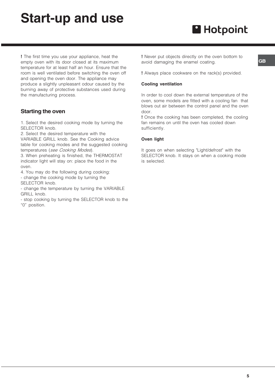 Start-up and use | Hotpoint BS53X1 User Manual | Page 5 / 12