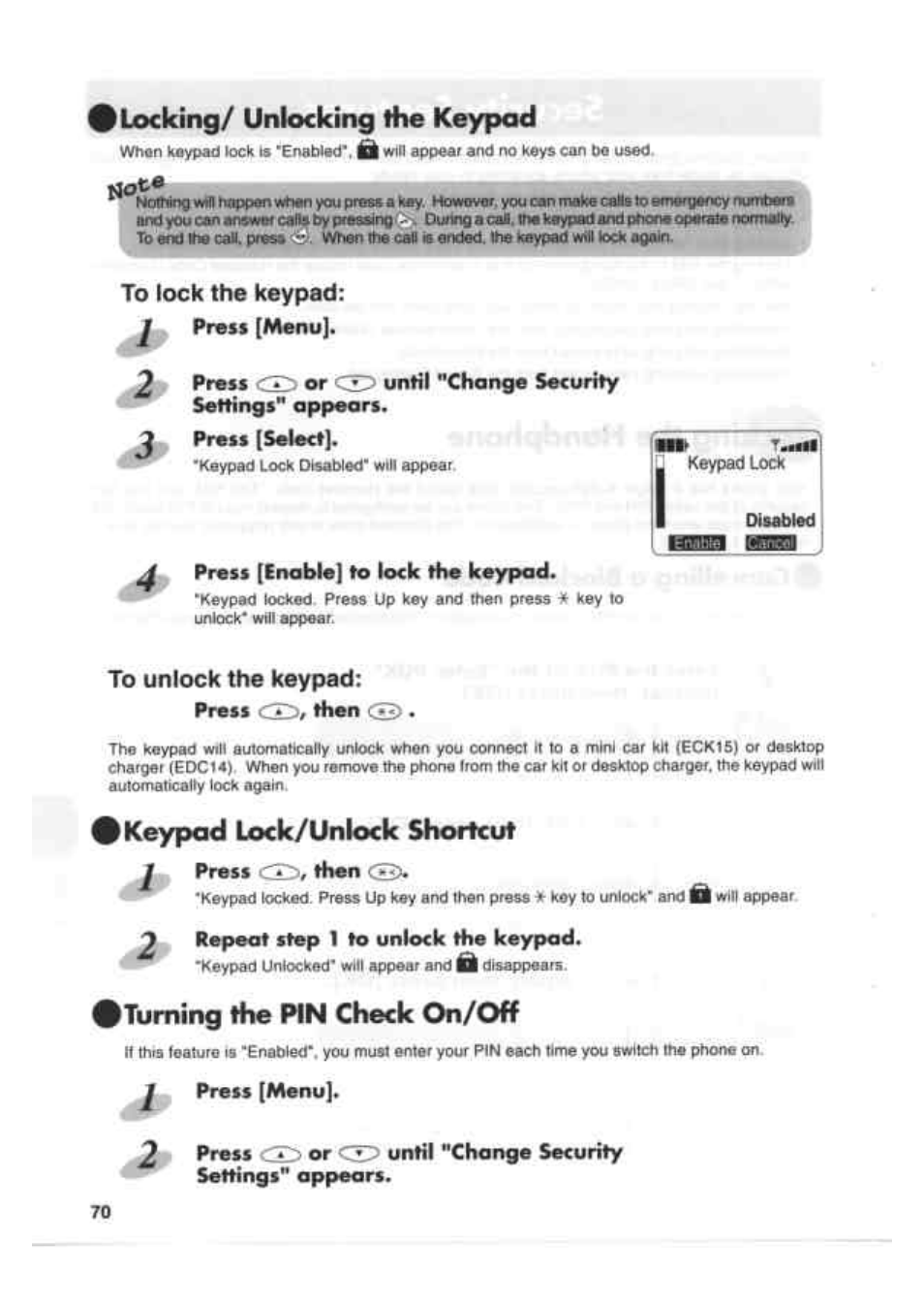 To unlock the keypad, I locking/ unlocking the keypad, Keypad lock/unkckk shortcut | Ituming the pin check on/off, The keypad | Kenwood EM 618 User Manual | Page 10 / 27