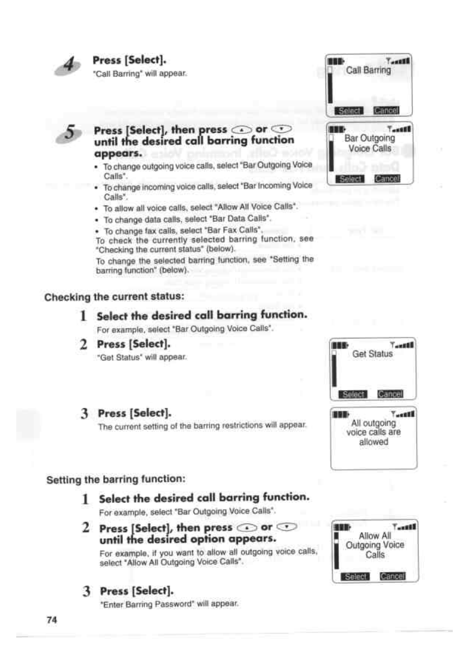 Press [select, 1 select the desired coll barring function, Press (select) | 1 select the desired call barring function | Kenwood EM 618 User Manual | Page 14 / 27