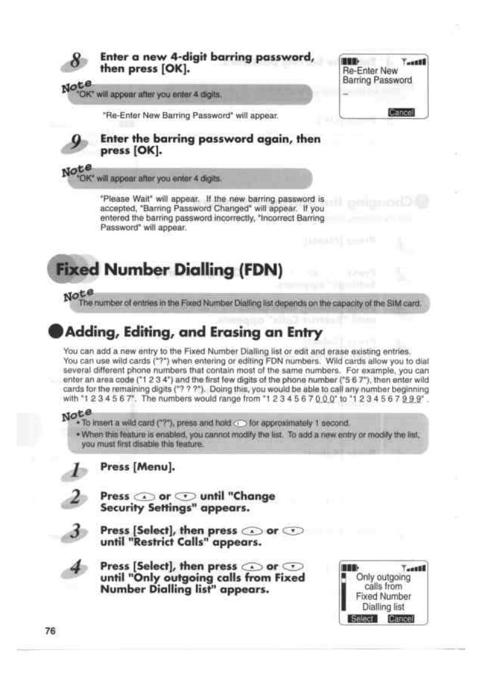 Fixed number dialling (fdn), Adding, editing, and erasing an entry | Kenwood EM 618 User Manual | Page 16 / 27