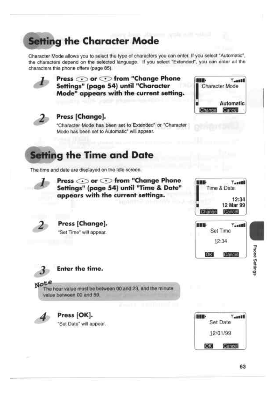 Ltp|lling the character mode, Sdning the time and date, Enter the time | Press [ок | Kenwood EM 618 User Manual | Page 3 / 27