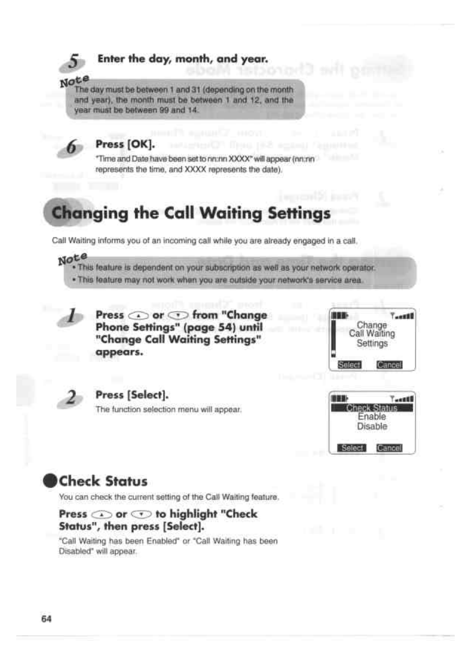 Changing the call waiting settings, Check status | Kenwood EM 618 User Manual | Page 4 / 27