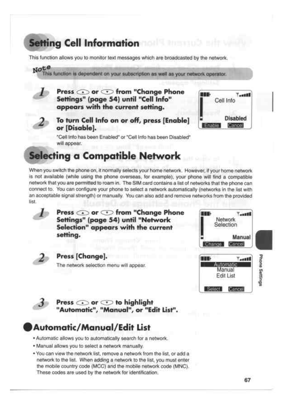 Setting cell information, Selecting a compatible network, Automahc/manual/edit list | Kenwood EM 618 User Manual | Page 7 / 27