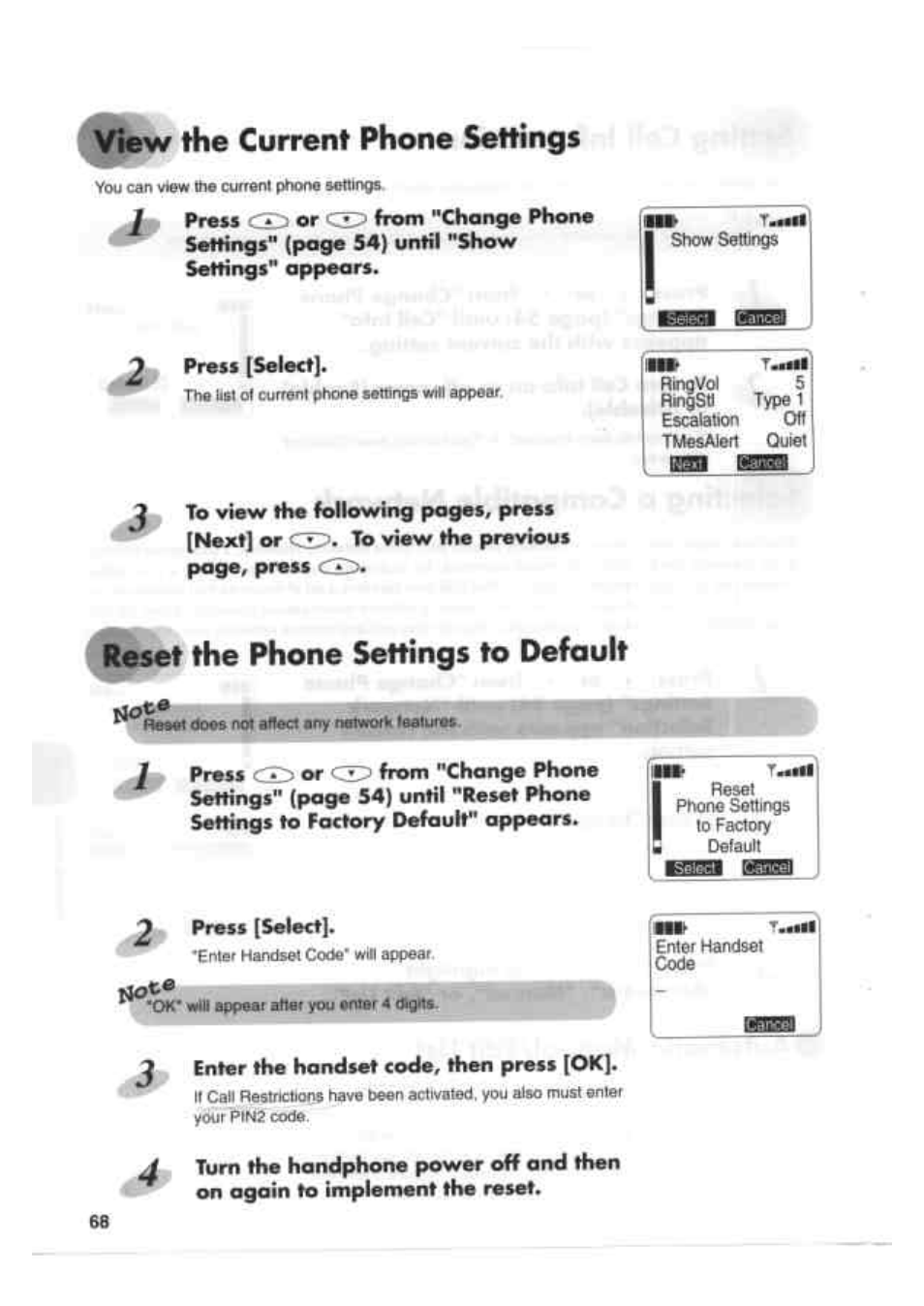 The current phone settings, Reset the phone settings to default, 2 press [select | Enter the handset code, then press [ok | Kenwood EM 618 User Manual | Page 8 / 27