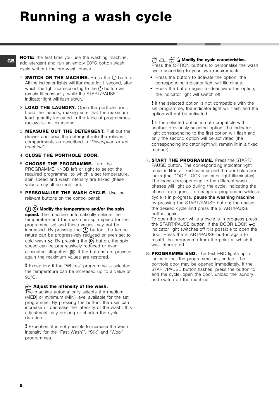 Running a wash cycle | Hotpoint AQXL 169 User Manual | Page 10 / 20