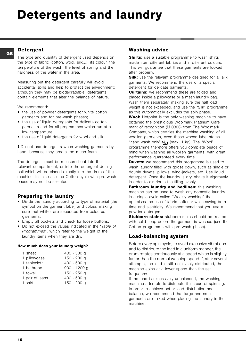 Detergents and laundry, Detergent, Preparing the laundry | Washing advice, Load-balancing system | Hotpoint AQXL 169 User Manual | Page 12 / 20