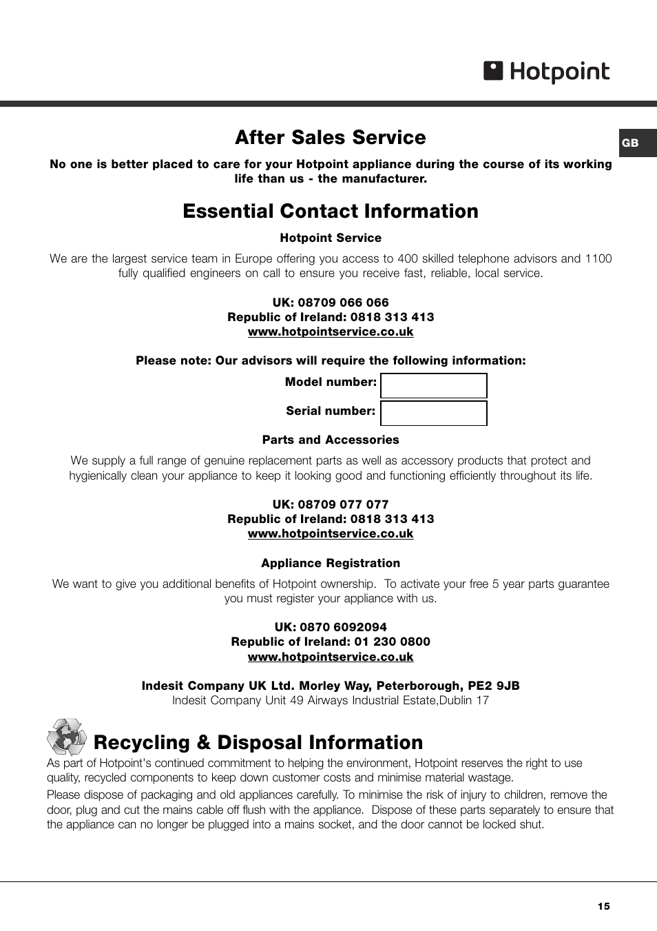 After sales service, Essential contact information, Recycling & disposal information | Hotpoint AQXL 169 User Manual | Page 17 / 20