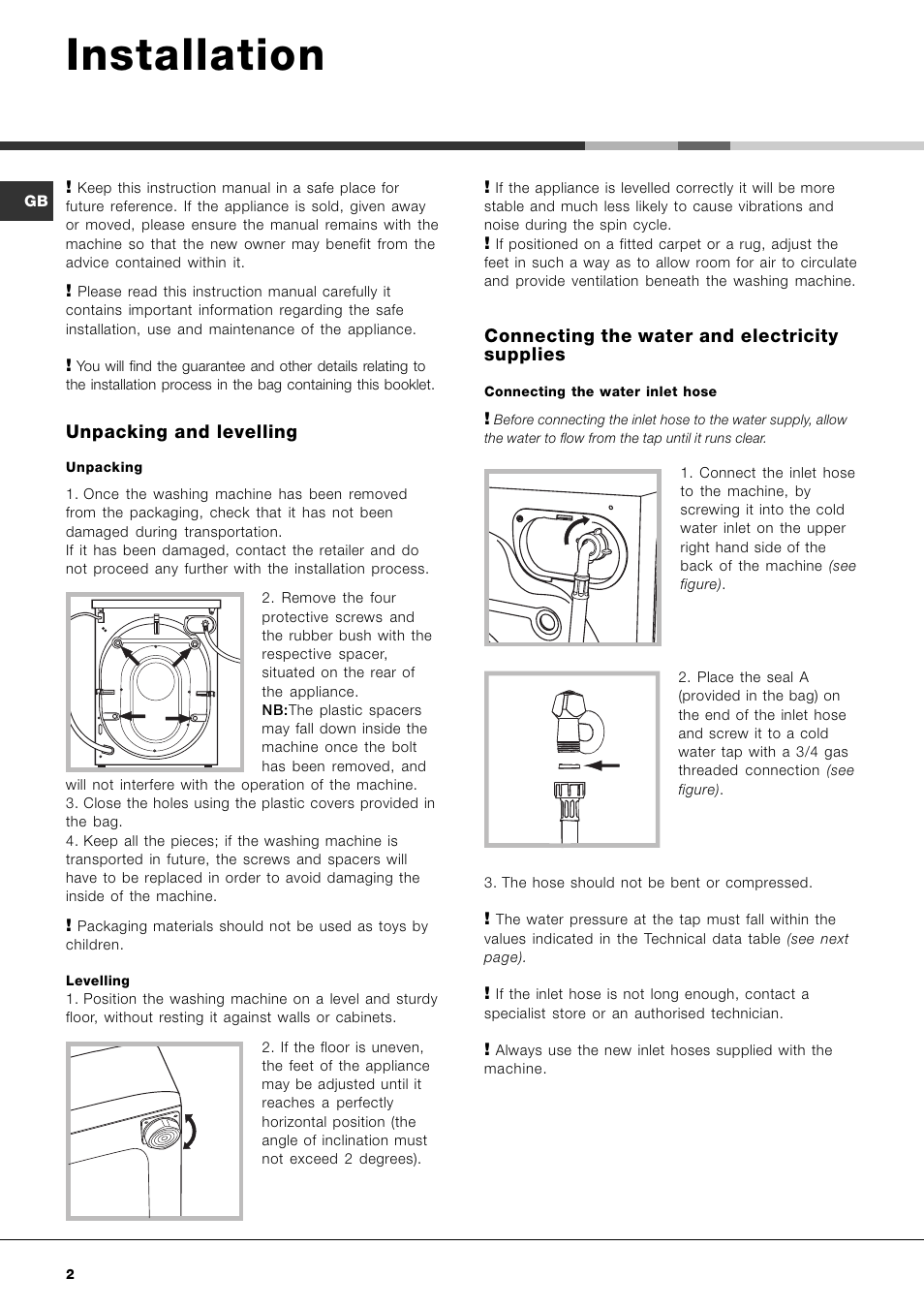 Installation | Hotpoint AQXL 169 User Manual | Page 4 / 20