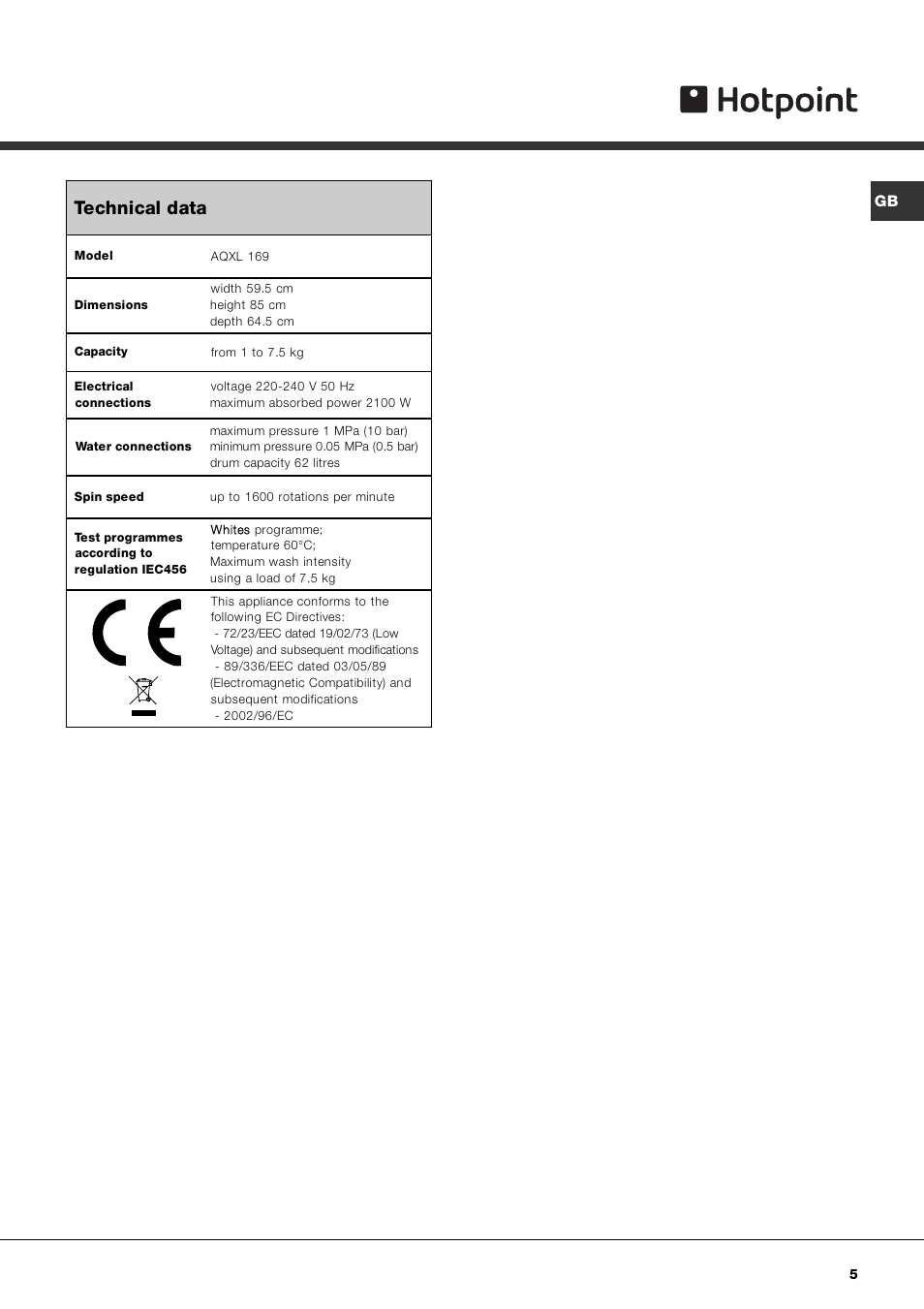 Technical data | Hotpoint AQXL 169 User Manual | Page 7 / 20
