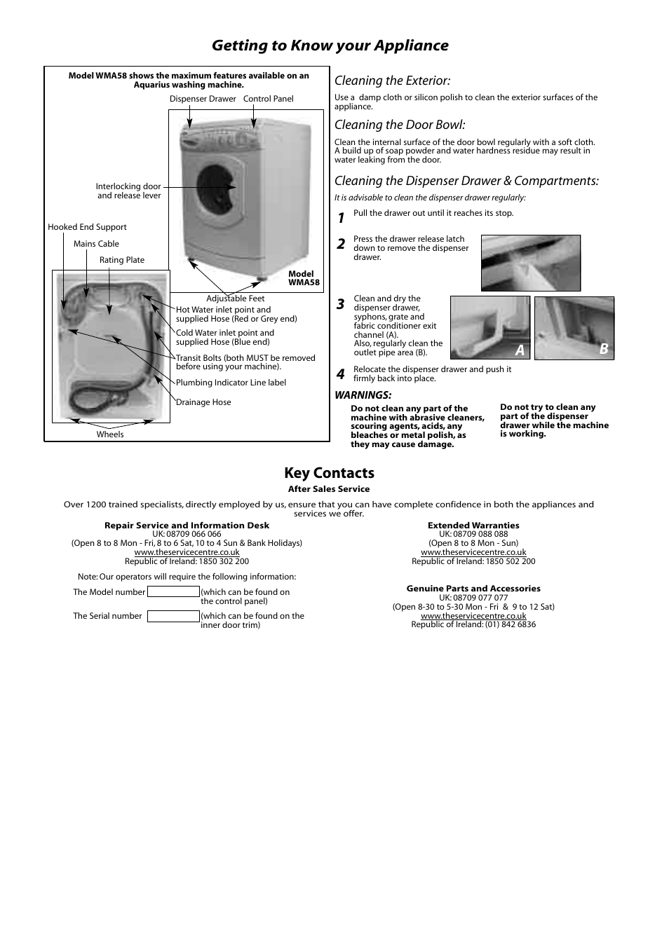 Getting to know your appliance, Key contacts, 3a b | Cleaning the exterior, Cleaning the door bowl, Cleaning the dispenser drawer & compartments | Hotpoint Aquarius WMA50 User Manual | Page 10 / 11