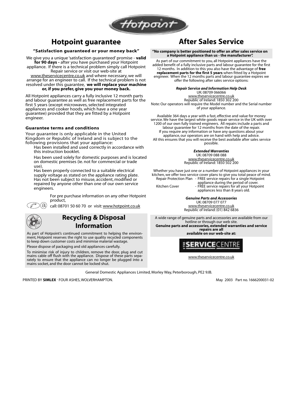 Hotpoint guarantee after sales service, Recycling & disposal information | Hotpoint Aquarius WMA50 User Manual | Page 11 / 11