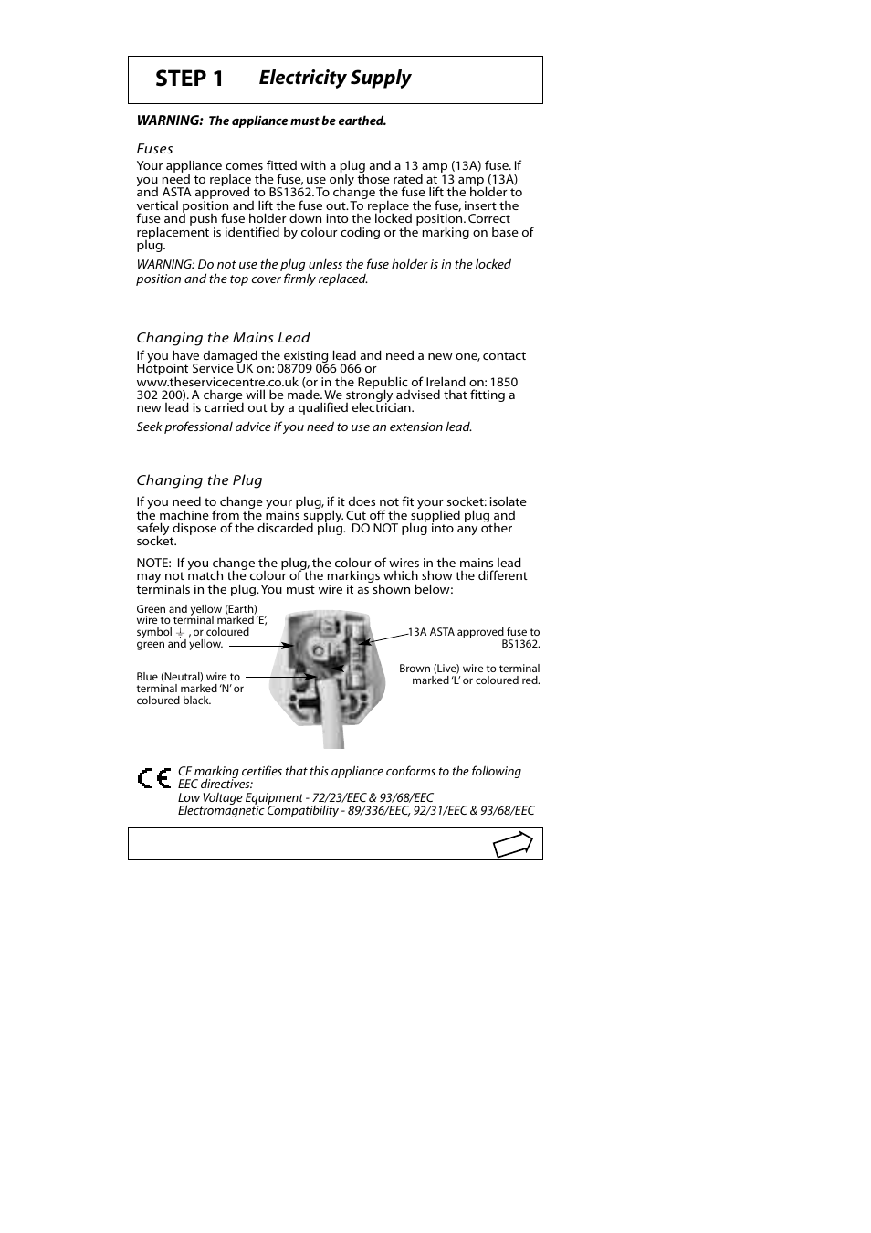 Step 1, Electricity supply | Hotpoint Aquarius WMA50 User Manual | Page 2 / 11