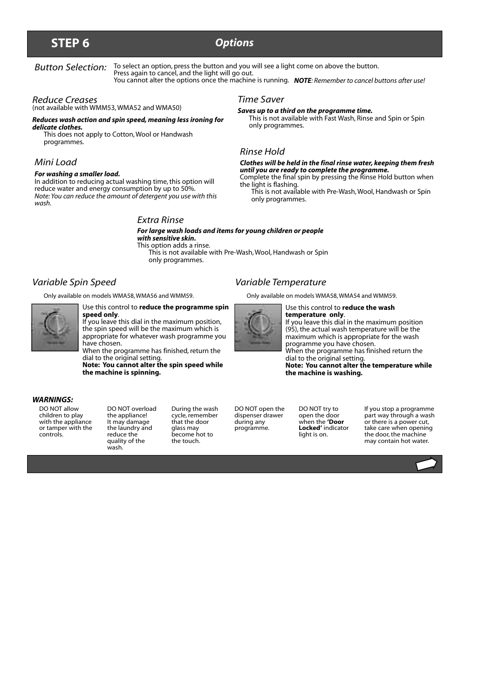 Step 6, Options, Reduce creases button selection | Mini load, Time saver, Rinse hold, Extra rinse, Variable spin speed, Variable temperature | Hotpoint Aquarius WMA50 User Manual | Page 7 / 11