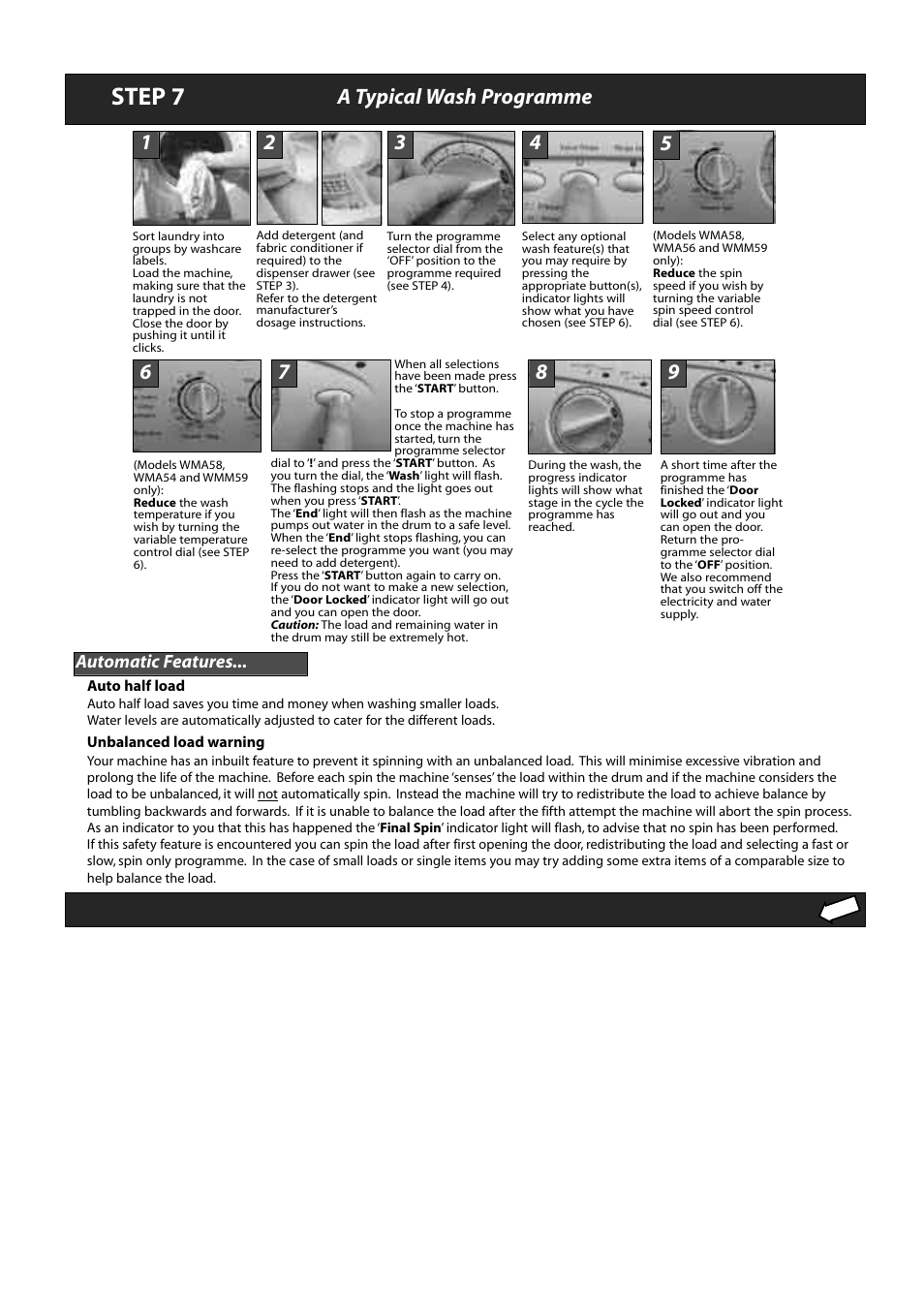 Step 7, A typical wash programme, Automatic features | Hotpoint Aquarius WMA50 User Manual | Page 8 / 11