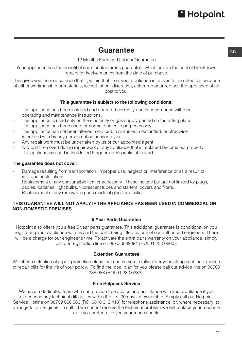 Guarantee | Hotpoint FF4DX(UK) User Manual | Page 11 / 12