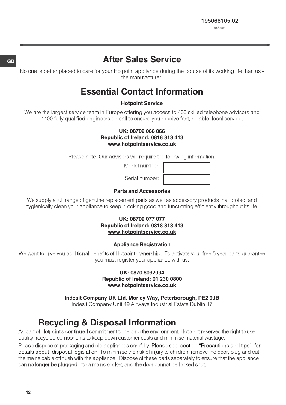 After sales service, Essential contact information, Recycling & disposal information | Hotpoint FF4DX(UK) User Manual | Page 12 / 12