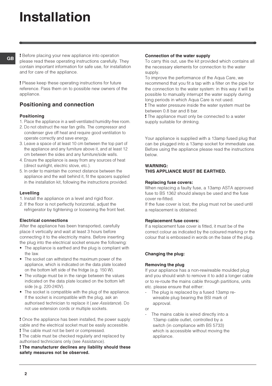 Installation, Positioning and connection | Hotpoint FF4DX(UK) User Manual | Page 2 / 12