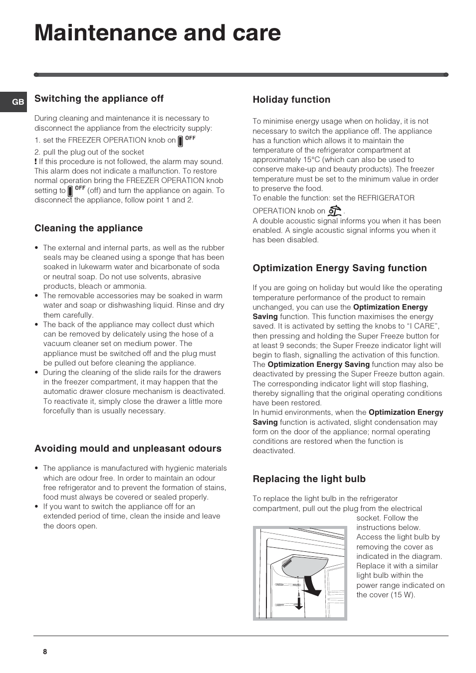 Maintenance and care | Hotpoint FF4DX(UK) User Manual | Page 8 / 12