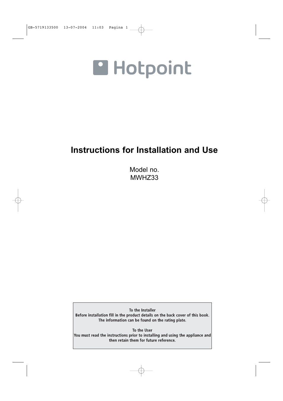 Hotpoint MWHZ33 User Manual | 36 pages