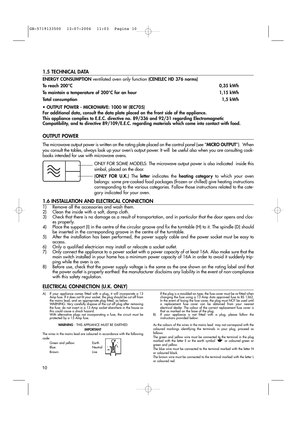 5 technical data, Output power, 6 installation and electrical connection | Electrical connection (u.k. only) | Hotpoint MWHZ33 User Manual | Page 10 / 36