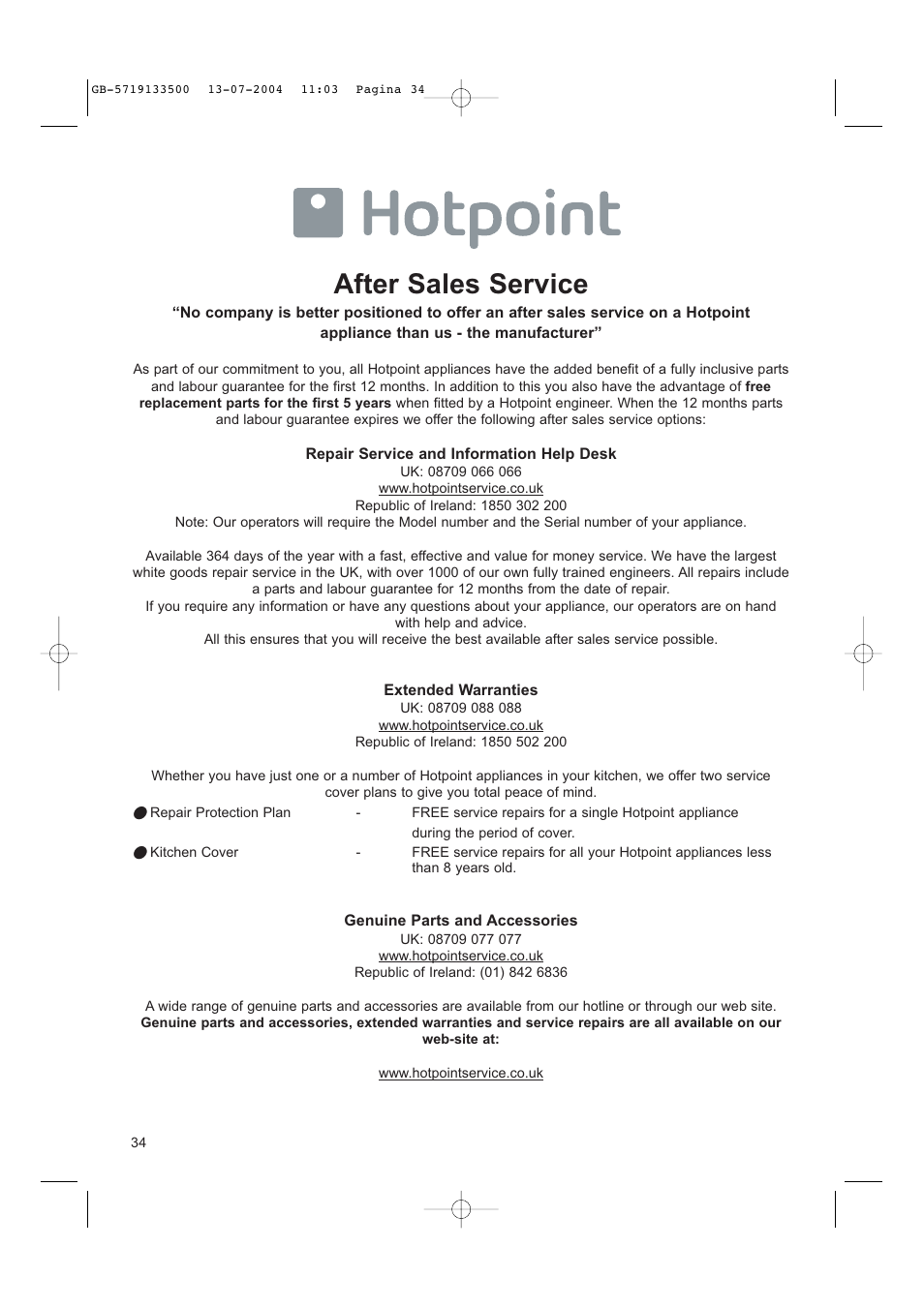 After sales service | Hotpoint MWHZ33 User Manual | Page 34 / 36