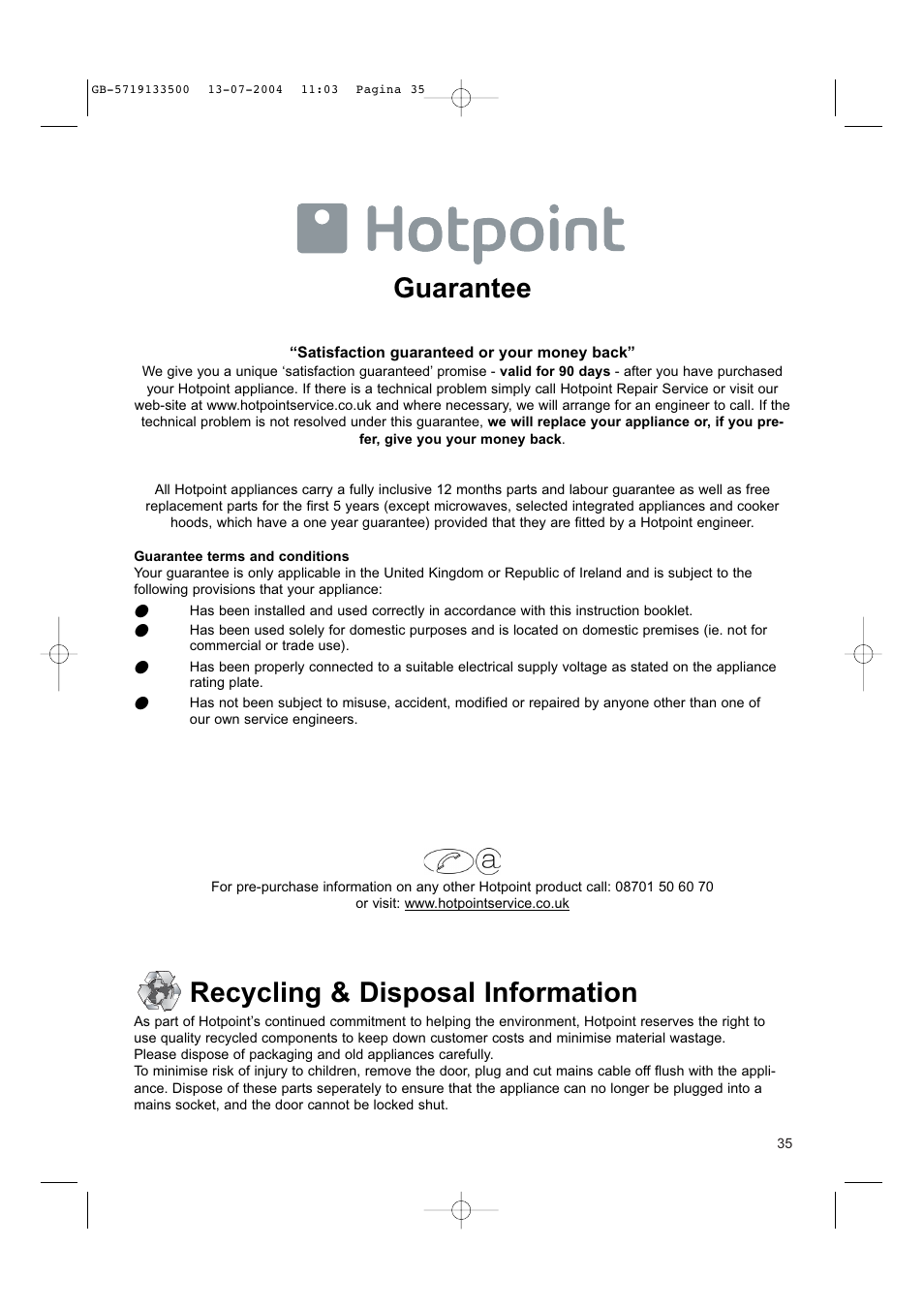 Guarantee, Recycling & disposal information | Hotpoint MWHZ33 User Manual | Page 35 / 36