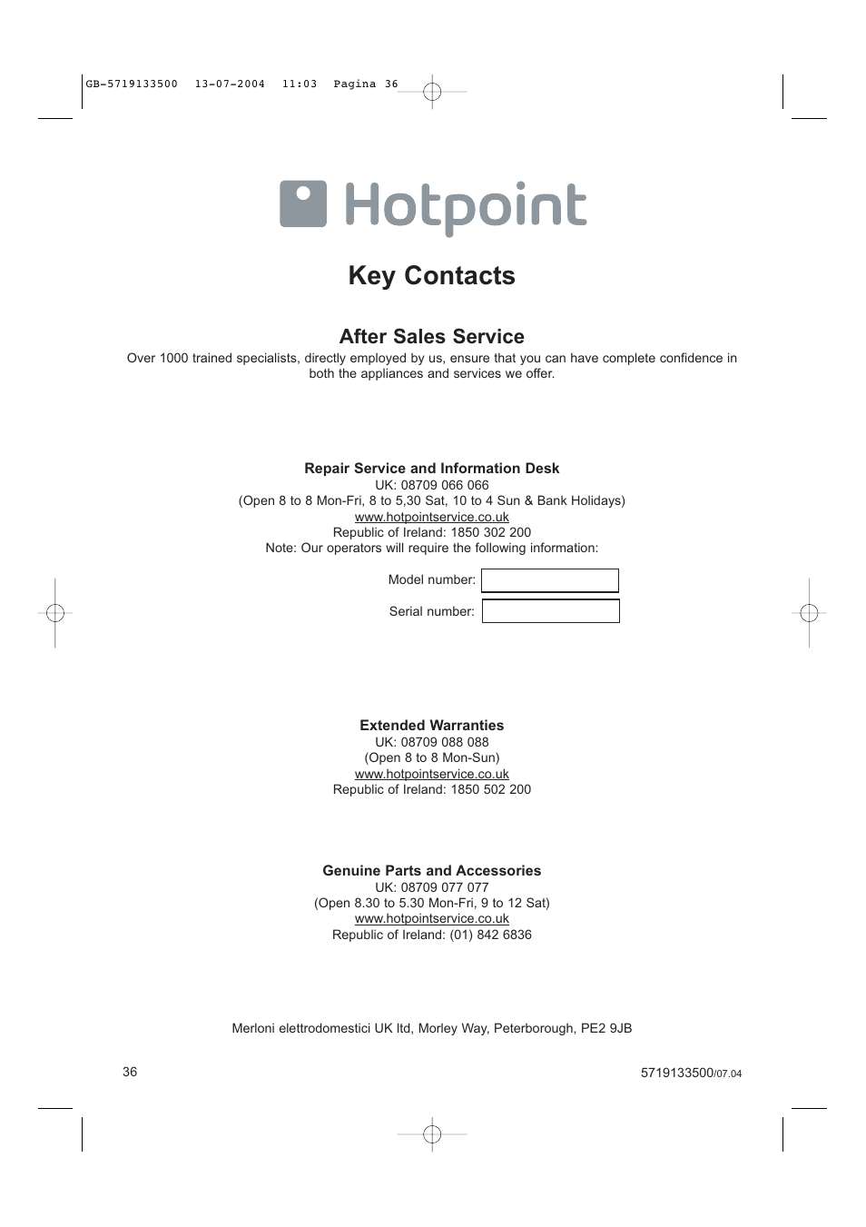 Key contacts, After sales service | Hotpoint MWHZ33 User Manual | Page 36 / 36