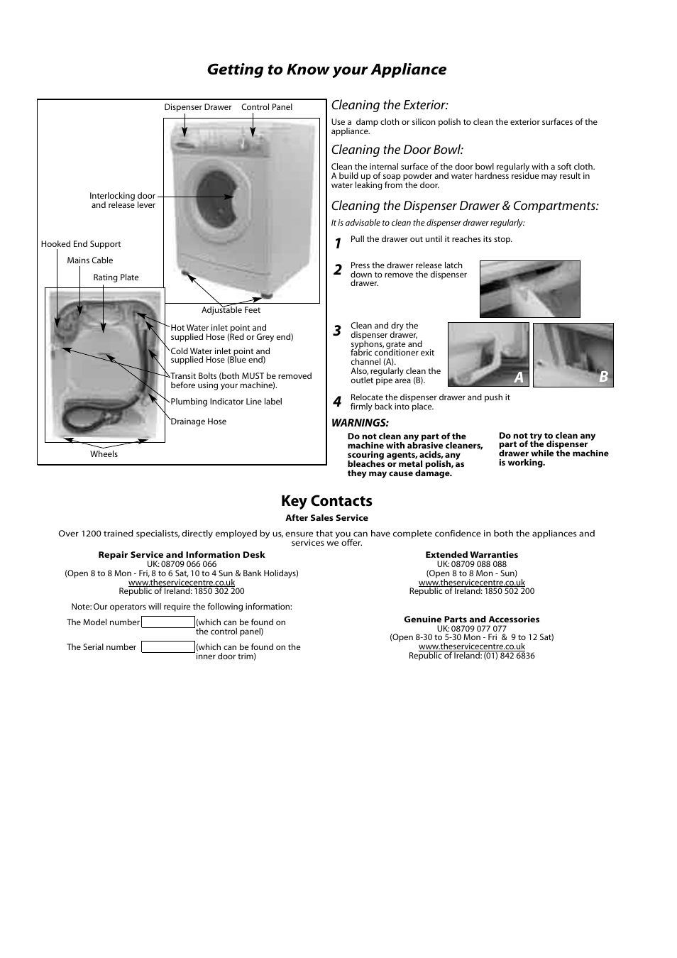 Getting to know your appliance, Key contacts, 3a b | Cleaning the exterior, Cleaning the door bowl, Cleaning the dispenser drawer & compartments | Hotpoint WMA22 User Manual | Page 10 / 11