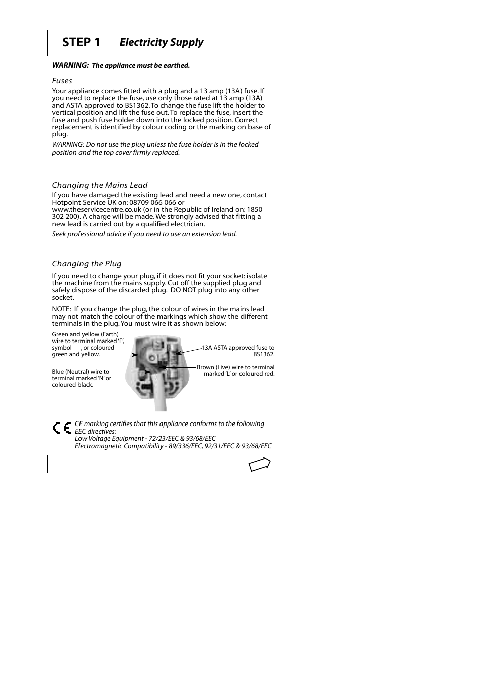 Step 1, Electricity supply | Hotpoint WMA22 User Manual | Page 2 / 11