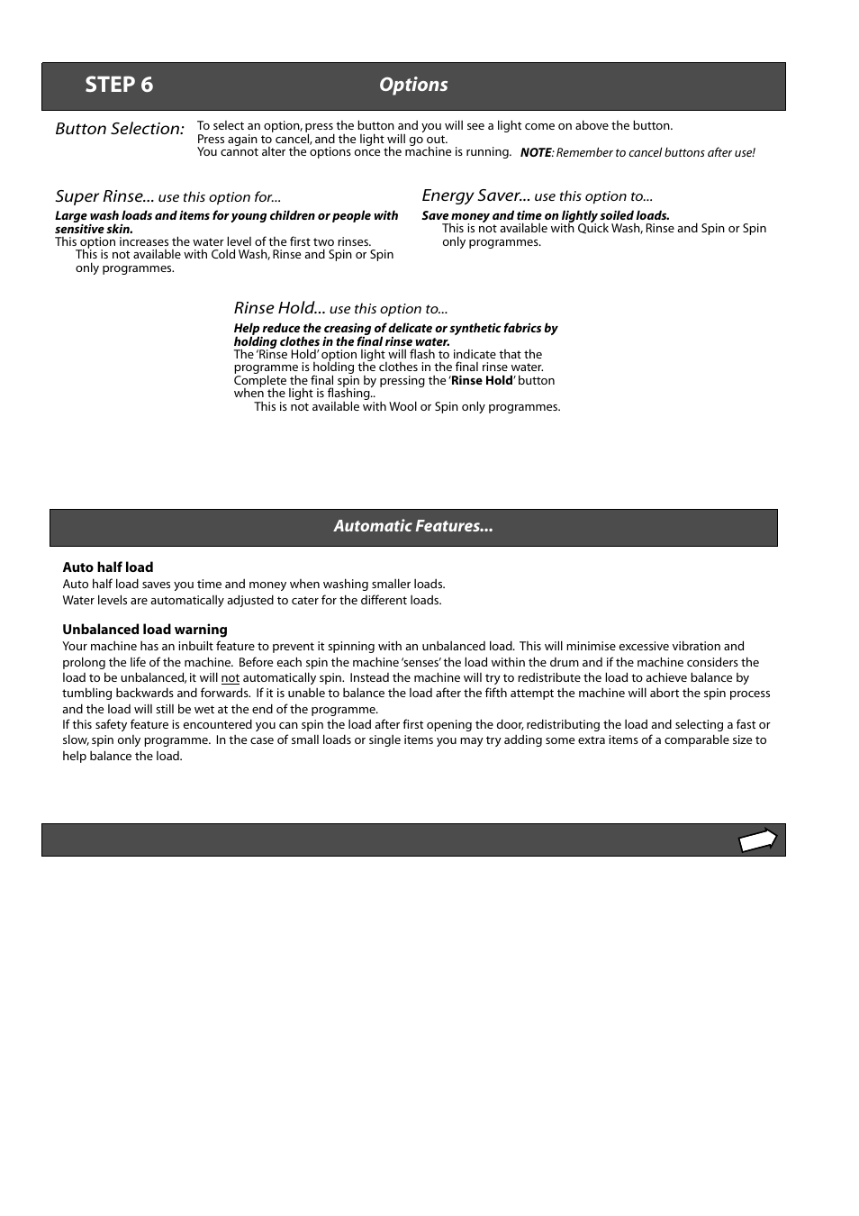 Step 6, Options, Button selection | Energy saver, Rinse hold, Super rinse, Automatic features | Hotpoint WMA22 User Manual | Page 7 / 11