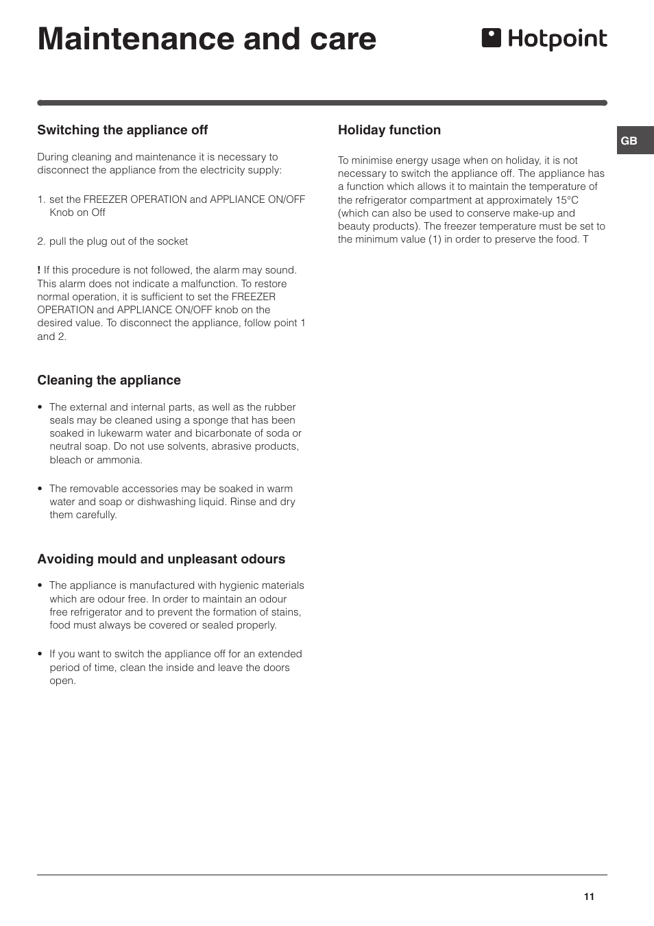 Maintenance and care | Hotpoint HME35 User Manual | Page 11 / 20