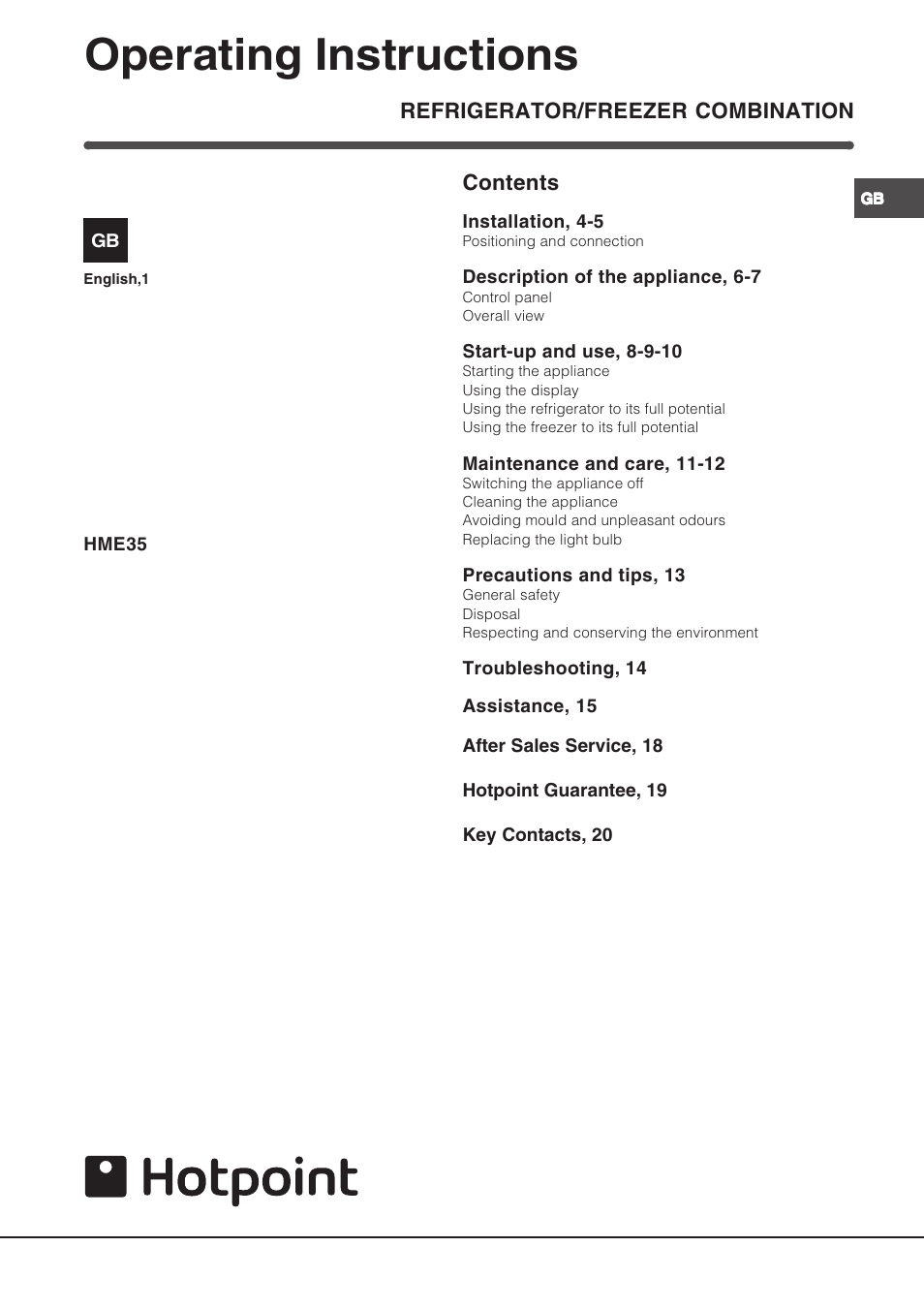 Operating instructions | Hotpoint HME35 User Manual | Page 3 / 20