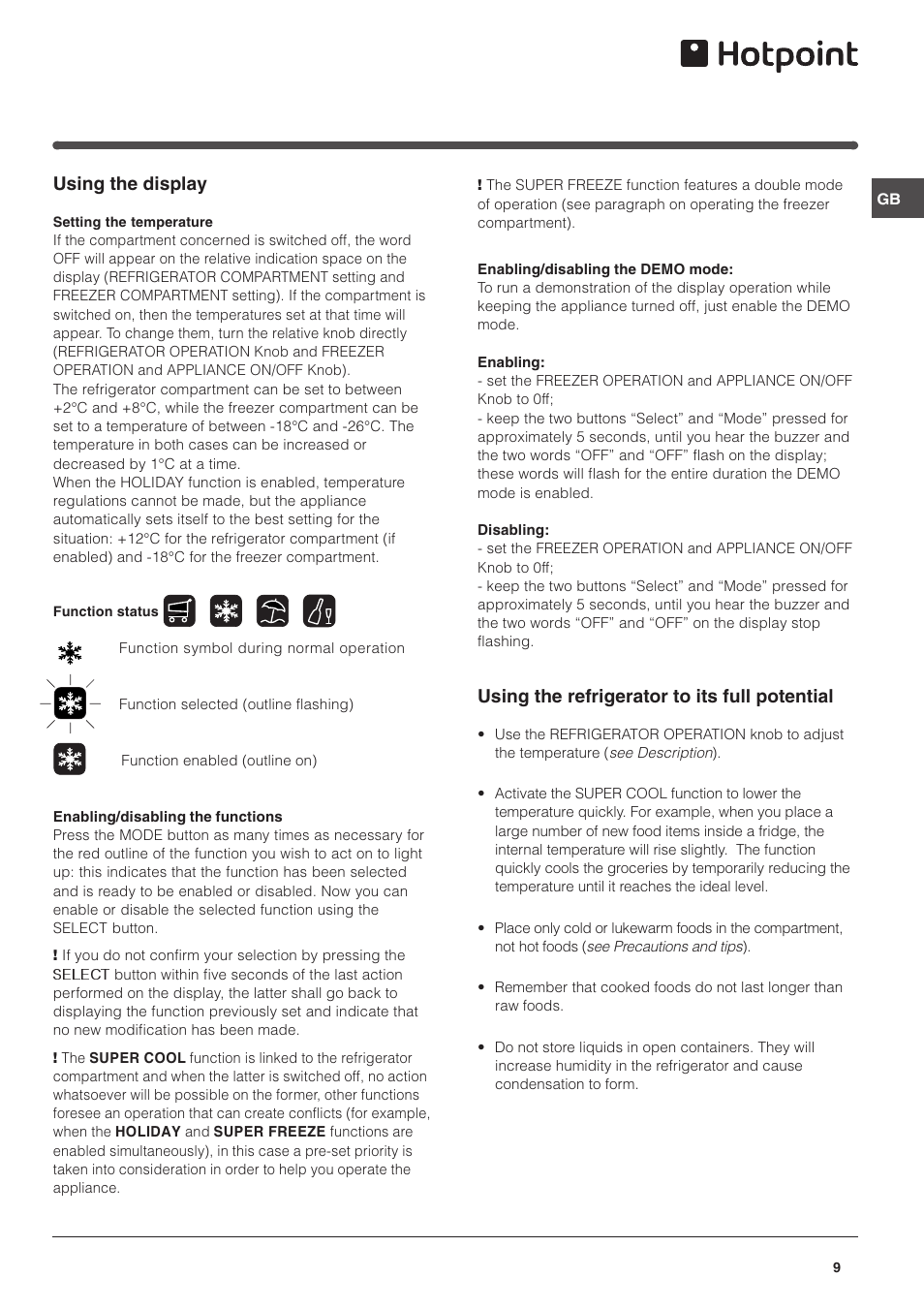 Using the display, Using the refrigerator to its full potential | Hotpoint HME35 User Manual | Page 9 / 20